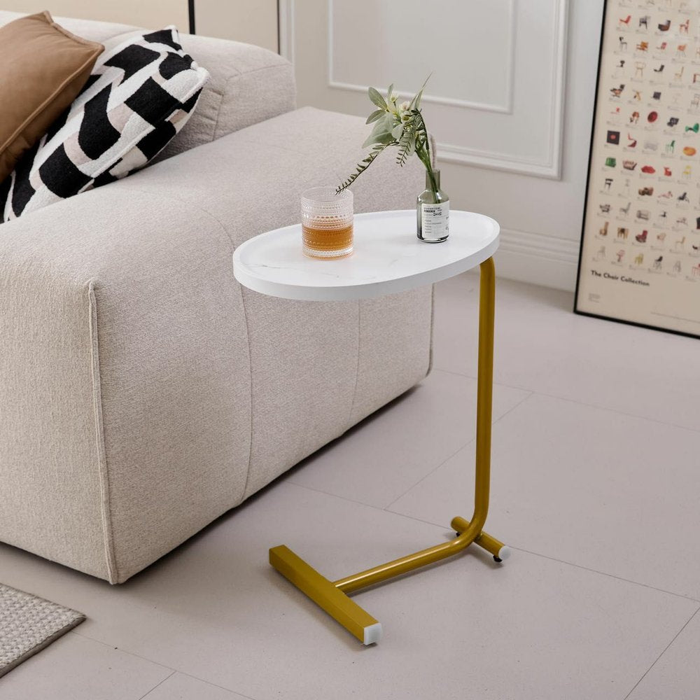 Set of Two White and Gold Faux Marble and Metal Oval End Tables