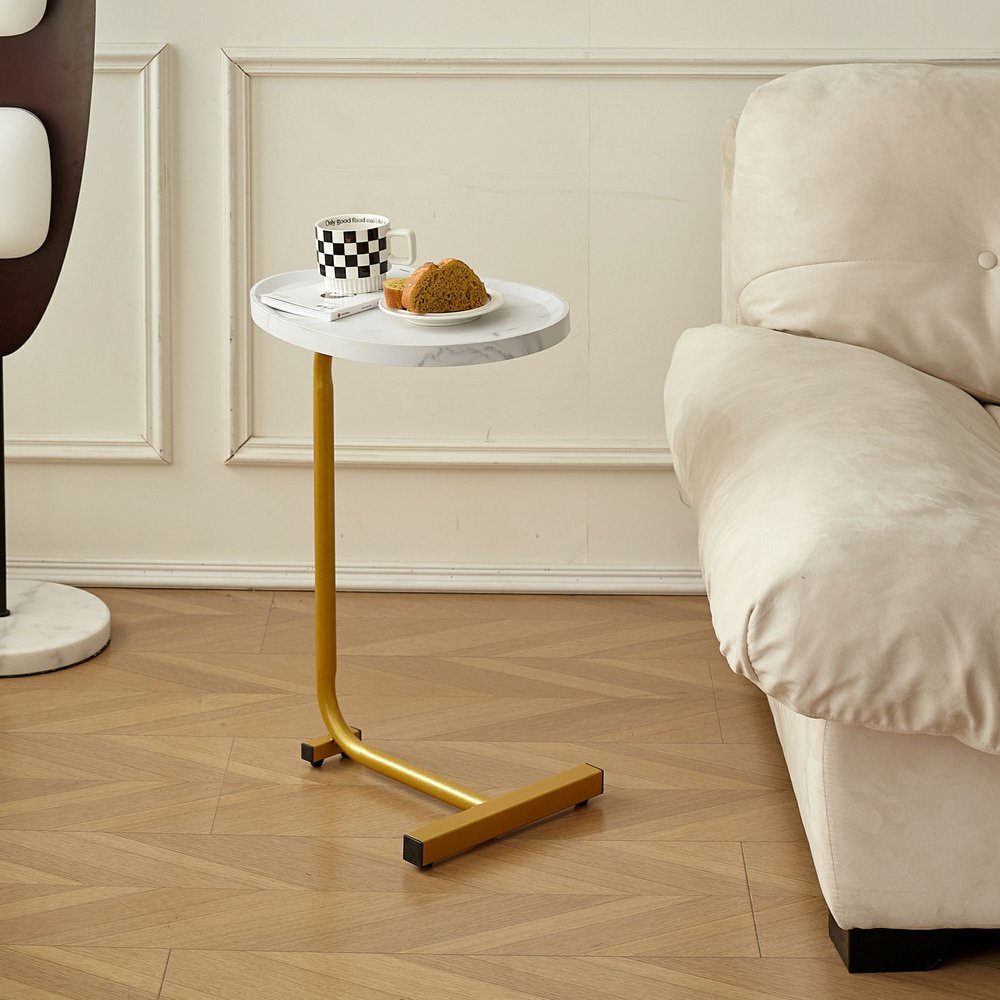 24" White and Gold Faux Marble and Metal Oval End Table