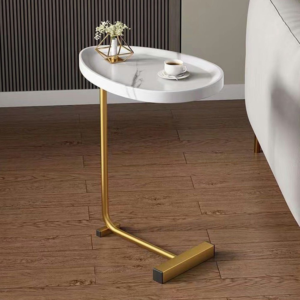 24" White and Gold Faux Marble and Metal Oval End Table