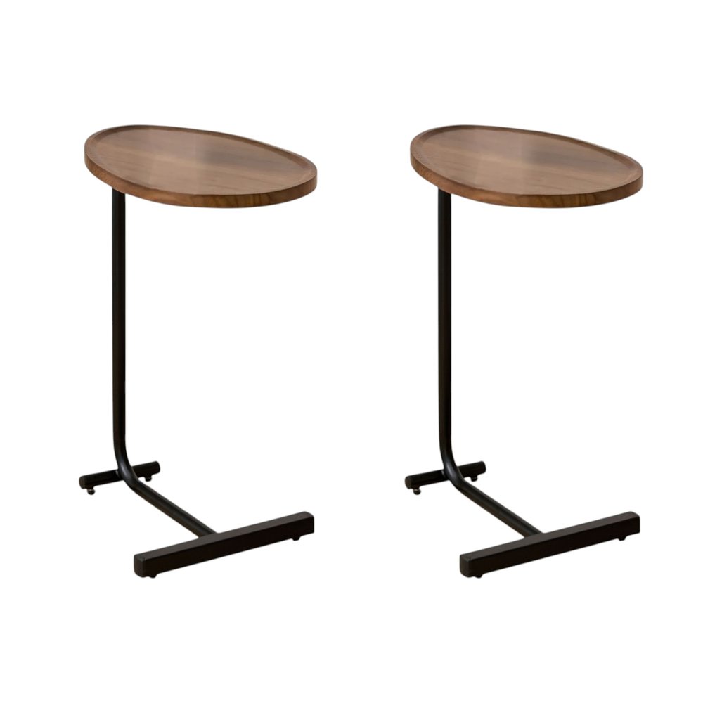 Set of Two Brown and Black Wood and Metal Oval End Tables