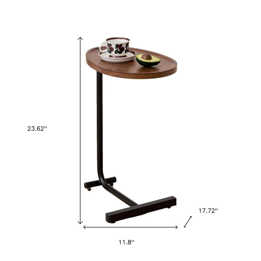 Set of Two Brown and Black Wood and Metal Oval End Tables