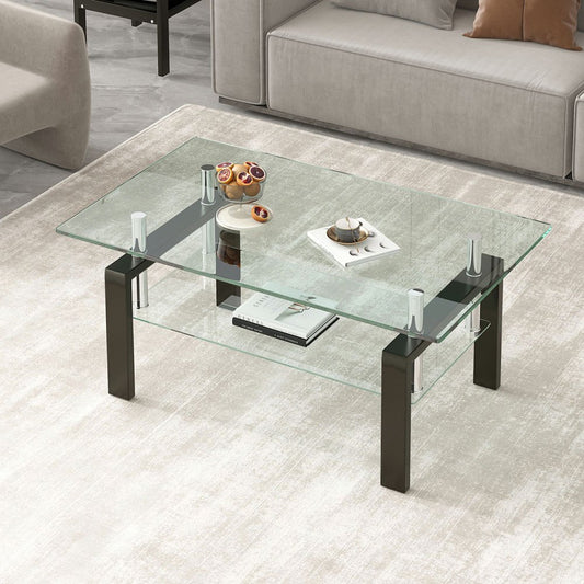 39" Clear and Black Glass and Steel Coffee Table With Shelf