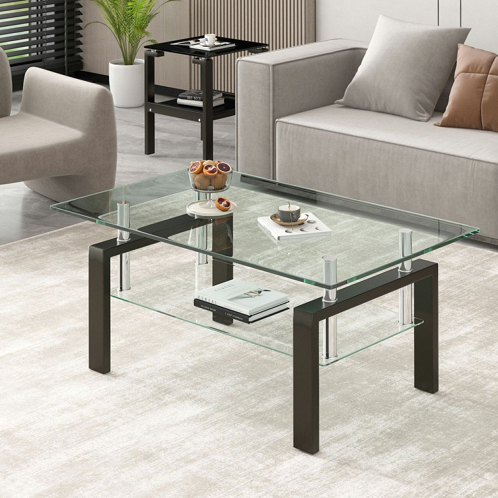 39" Clear and Black Glass and Steel Coffee Table With Shelf