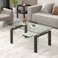 39" Clear and Black Glass and Steel Coffee Table With Shelf