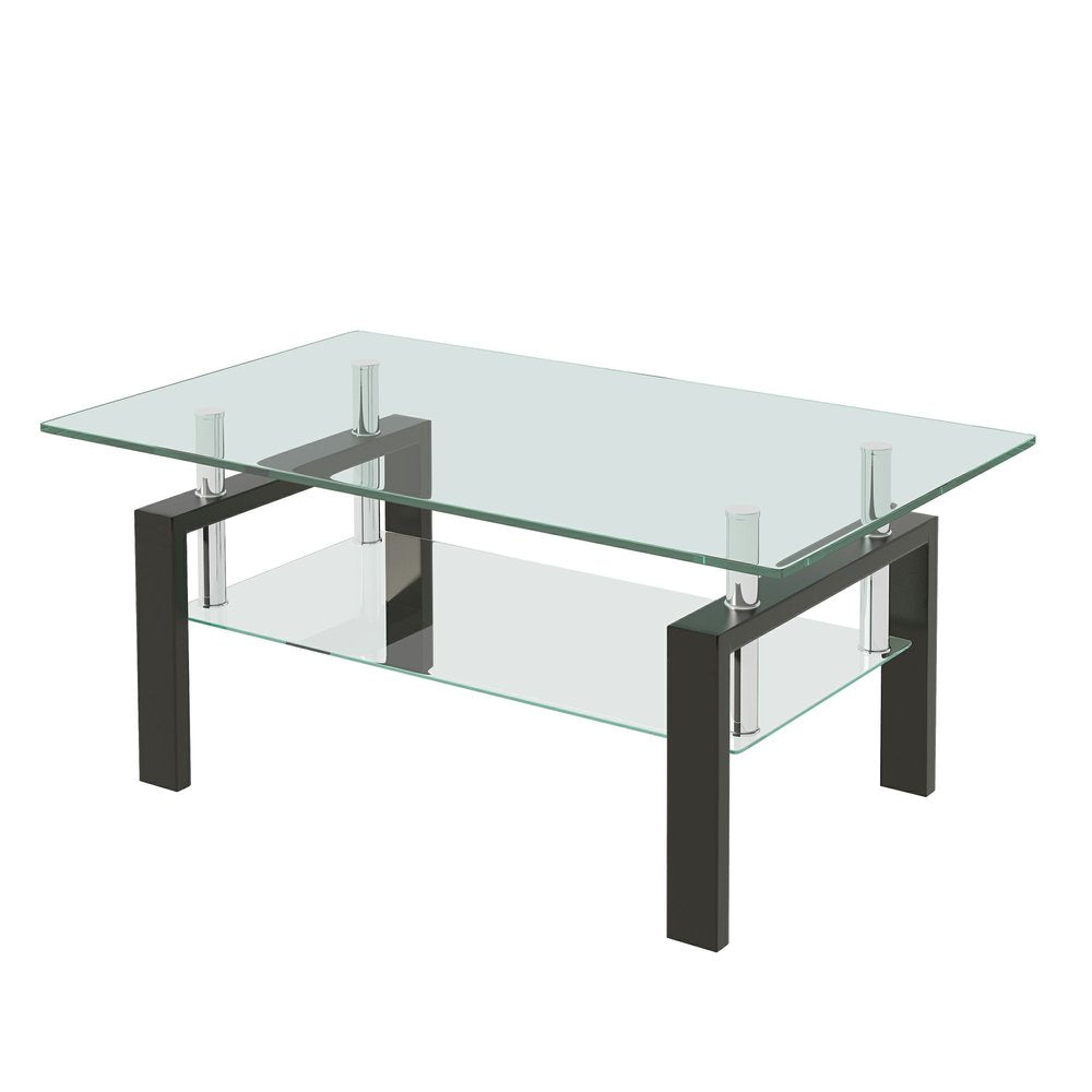 39" Clear and Black Glass and Steel Coffee Table With Shelf