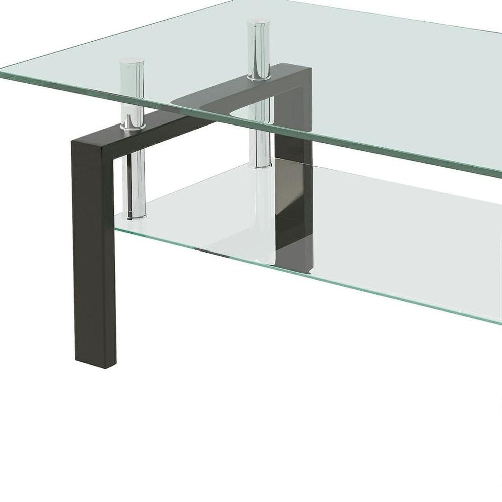 39" Clear and Black Glass and Steel Coffee Table With Shelf
