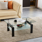 39" Clear and Black Glass and Steel Coffee Table With Shelf