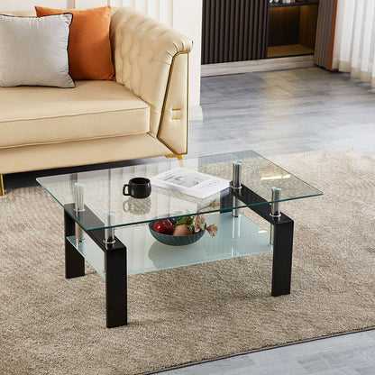 39" Clear and Black Glass and Steel Coffee Table With Shelf