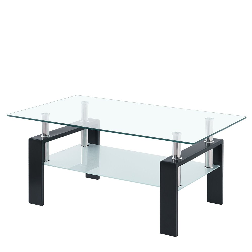 39" Clear and Black Glass and Steel Coffee Table With Shelf
