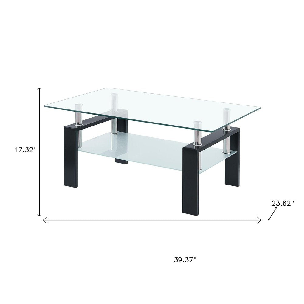 39" Clear and Black Glass and Steel Coffee Table With Shelf