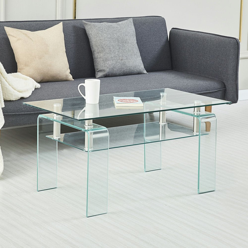 39" Clear Glass Coffee Table With Shelf