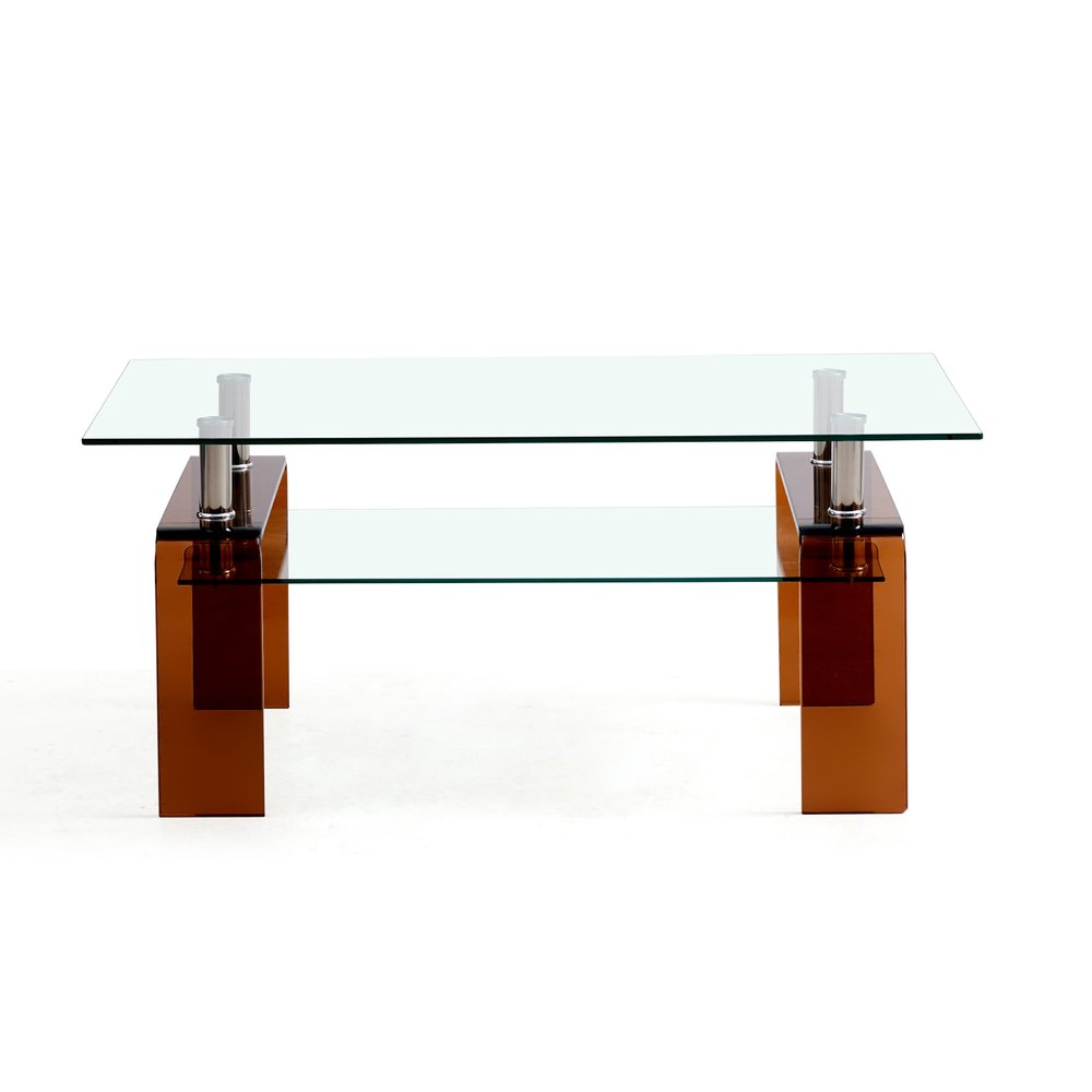 39" Clear and Brown Glass Coffee Table With Shelf