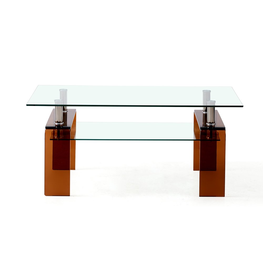 39" Clear and Brown Glass Coffee Table With Shelf