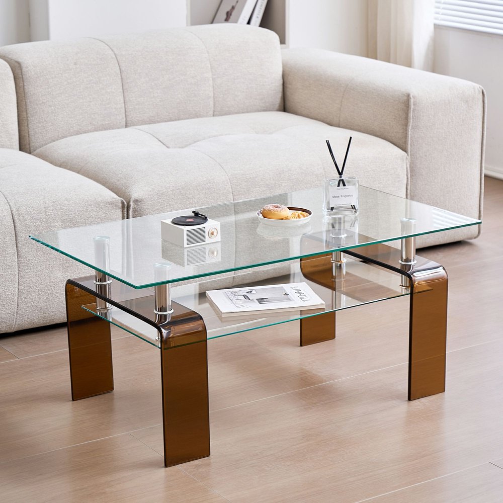 39" Clear and Brown Glass Coffee Table With Shelf