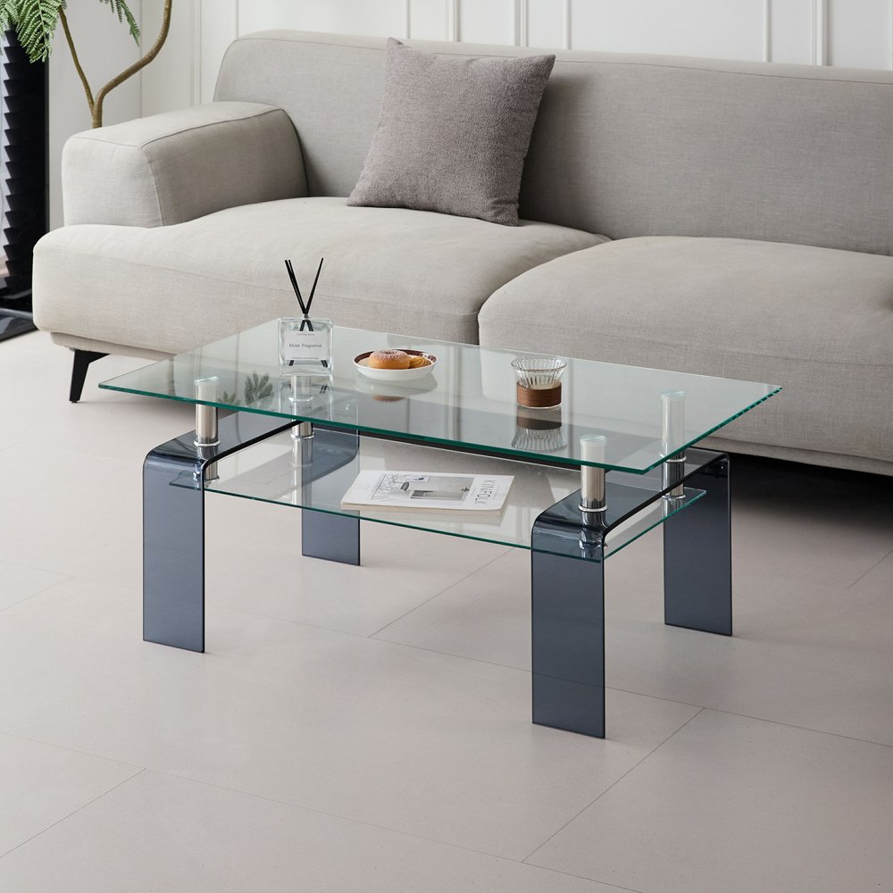 39" Clear and Black Glass Coffee Table With Shelf