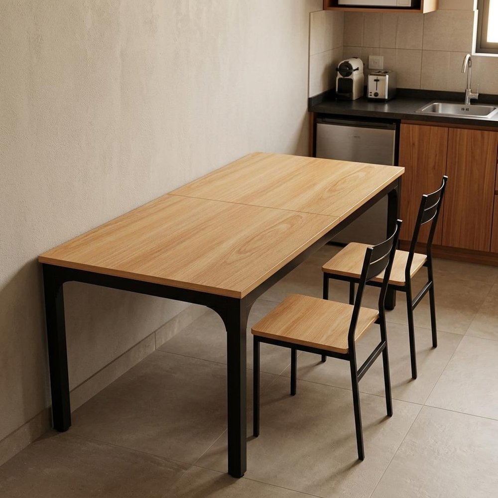46" Natural and Black Wood and Iron Dining Table