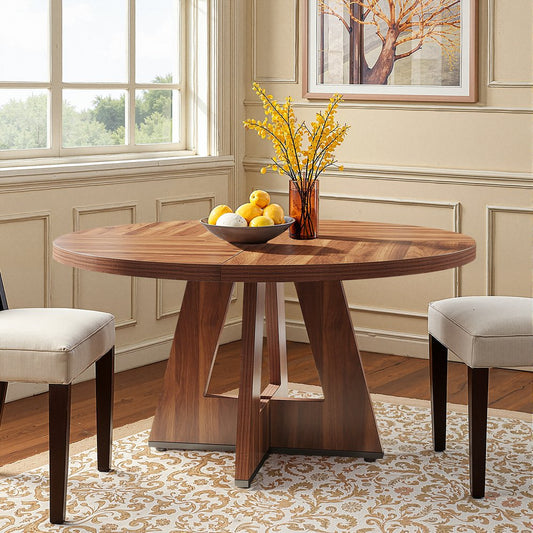47" Brown Solid Wood Pedestal Base Round Top Dining Table