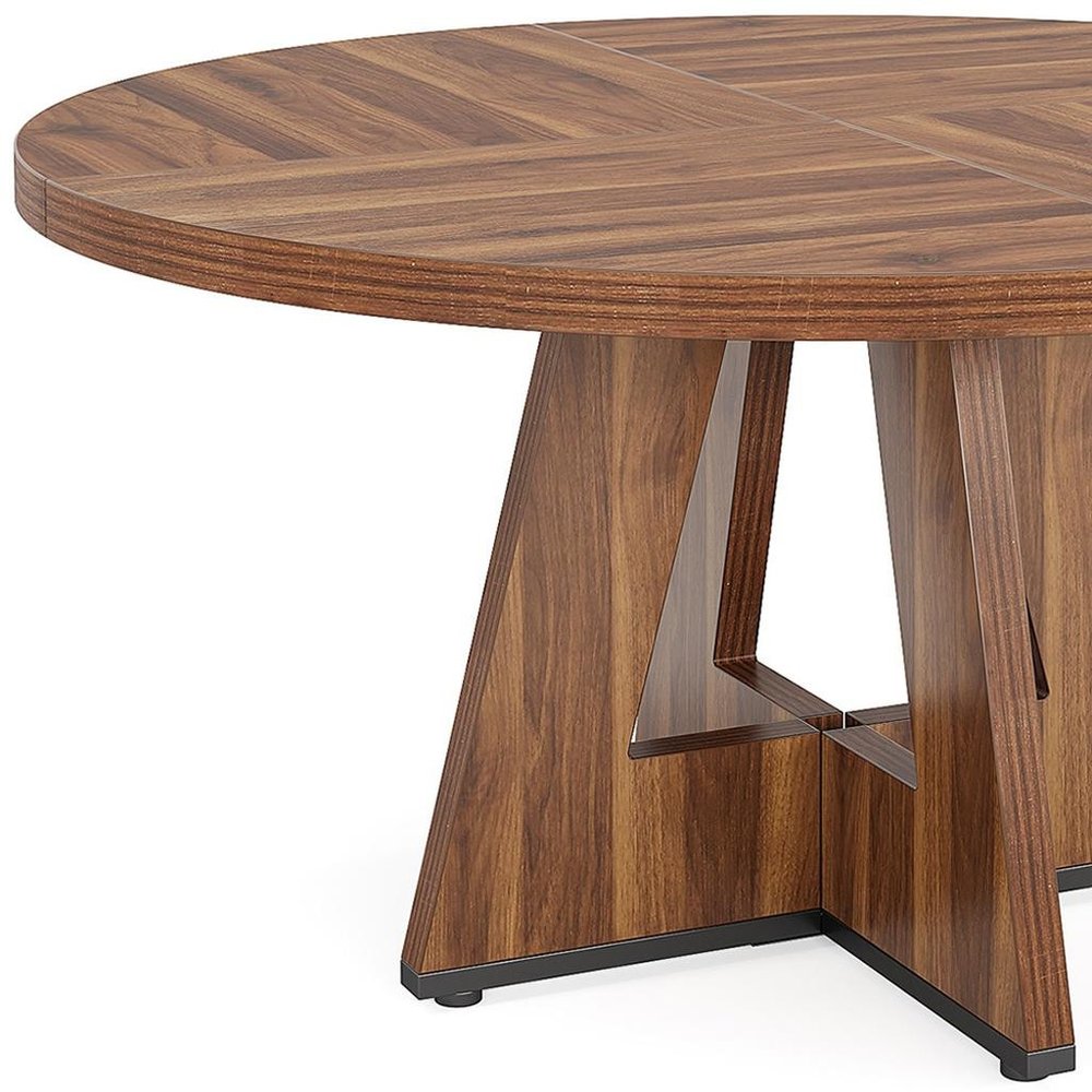 47" Brown Solid Wood Pedestal Base Round Top Dining Table