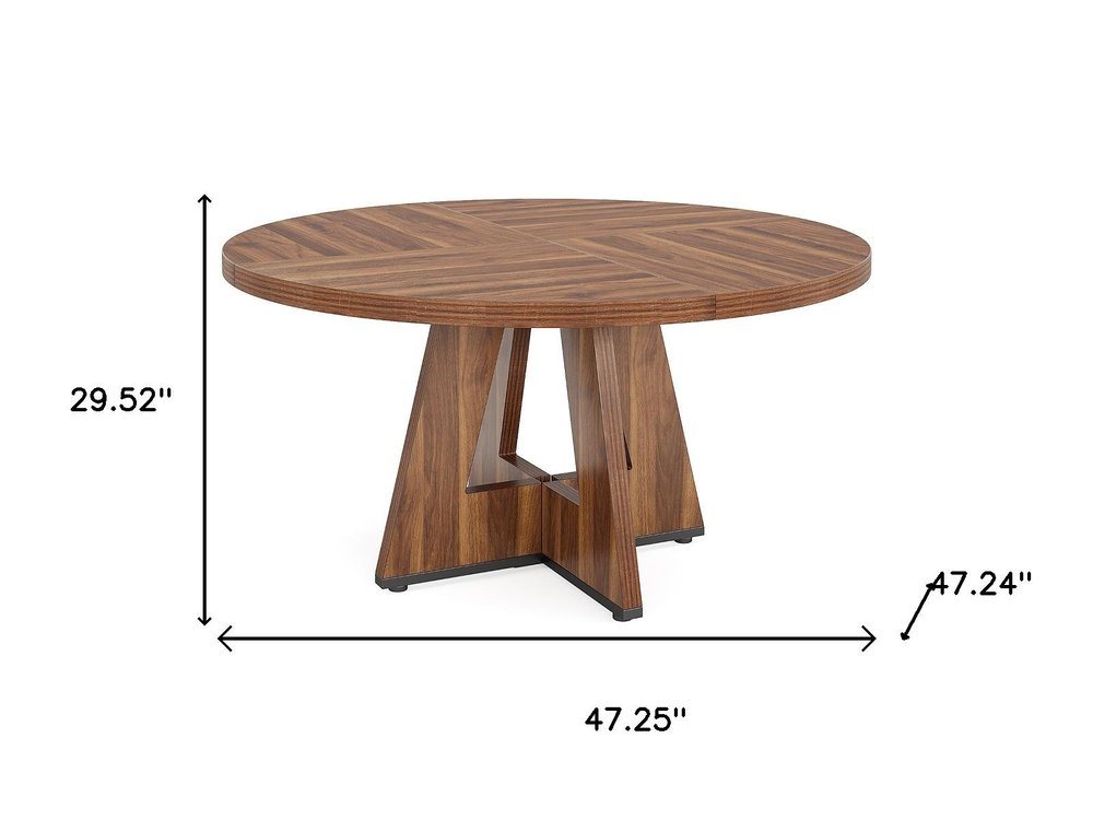 47" Brown Solid Wood Pedestal Base Round Top Dining Table