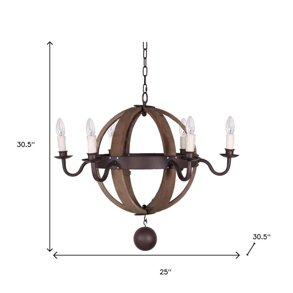 Brown And Black Wood and Metal Sphere Six Light Dimmable Chandelier