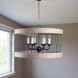 Black And Natural Wood and Metal Cylinder Six Light Dimmable Chandelier