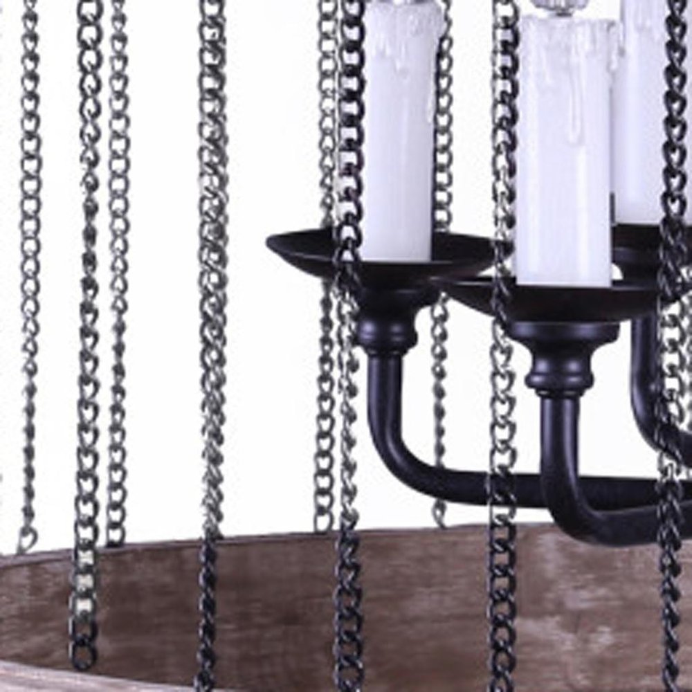 Black And Natural Wood and Metal Cylinder Six Light Dimmable Chandelier