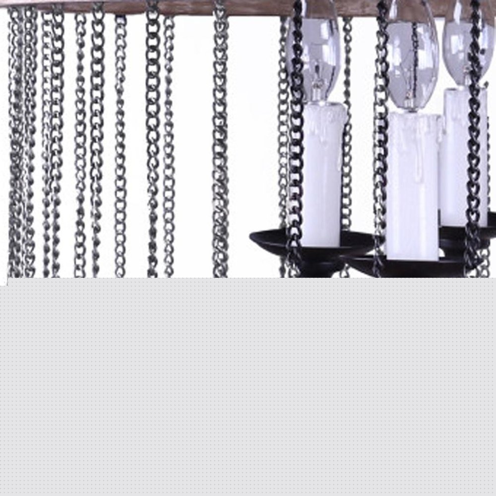 Black And Natural Wood and Metal Cylinder Six Light Dimmable Chandelier