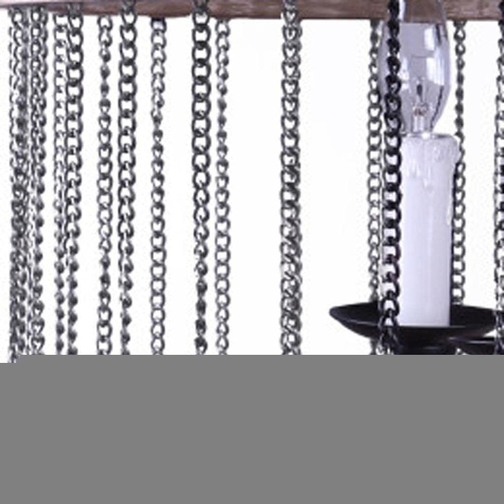 Black And Natural Wood and Metal Cylinder Six Light Dimmable Chandelier