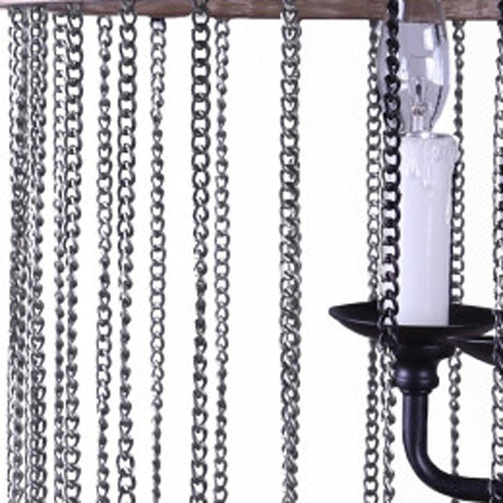 Black And Natural Wood and Metal Cylinder Six Light Dimmable Chandelier