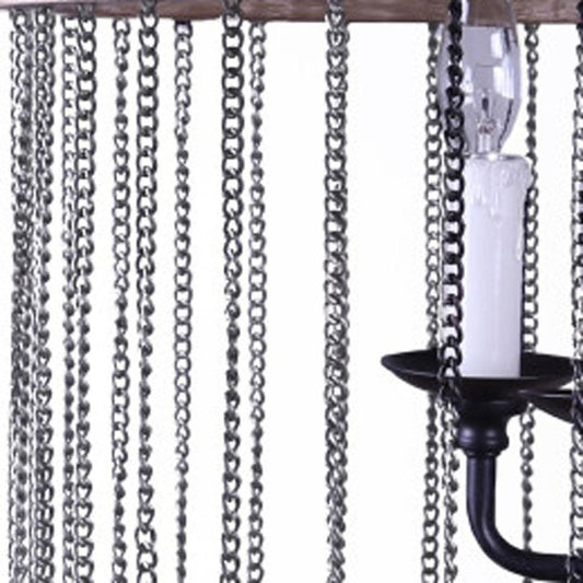 Black And Natural Wood and Metal Cylinder Six Light Dimmable Chandelier