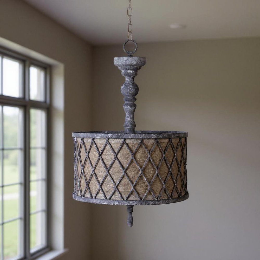 Gray Drum Distressed Galvanized Metal Dimmable Chandelier With Natural Shade