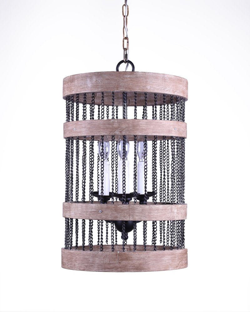 Black And Natural Wood and Metal Cylinder Three Light Dimmable Chandelier