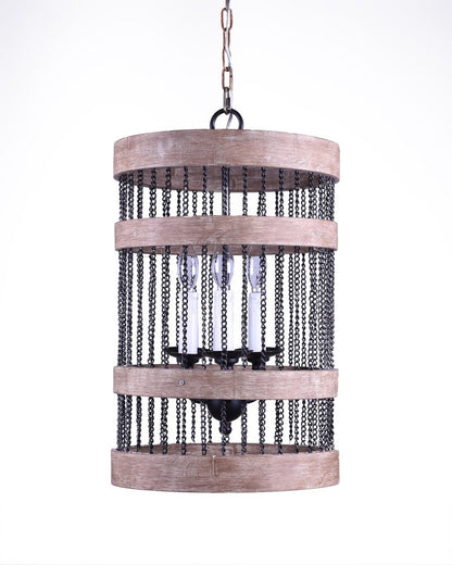 Black And Natural Wood and Metal Cylinder Three Light Dimmable Chandelier