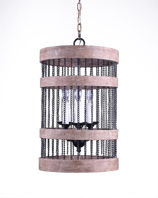 Black And Natural Wood and Metal Cylinder Three Light Dimmable Chandelier