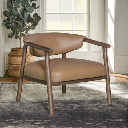 33" Brown and Dark Brown Faux Leather And Wood Arm Chair