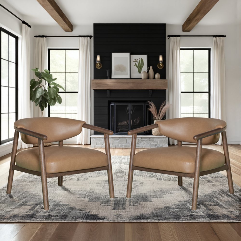 33" Brown and Dark Brown Faux Leather And Wood Arm Chair