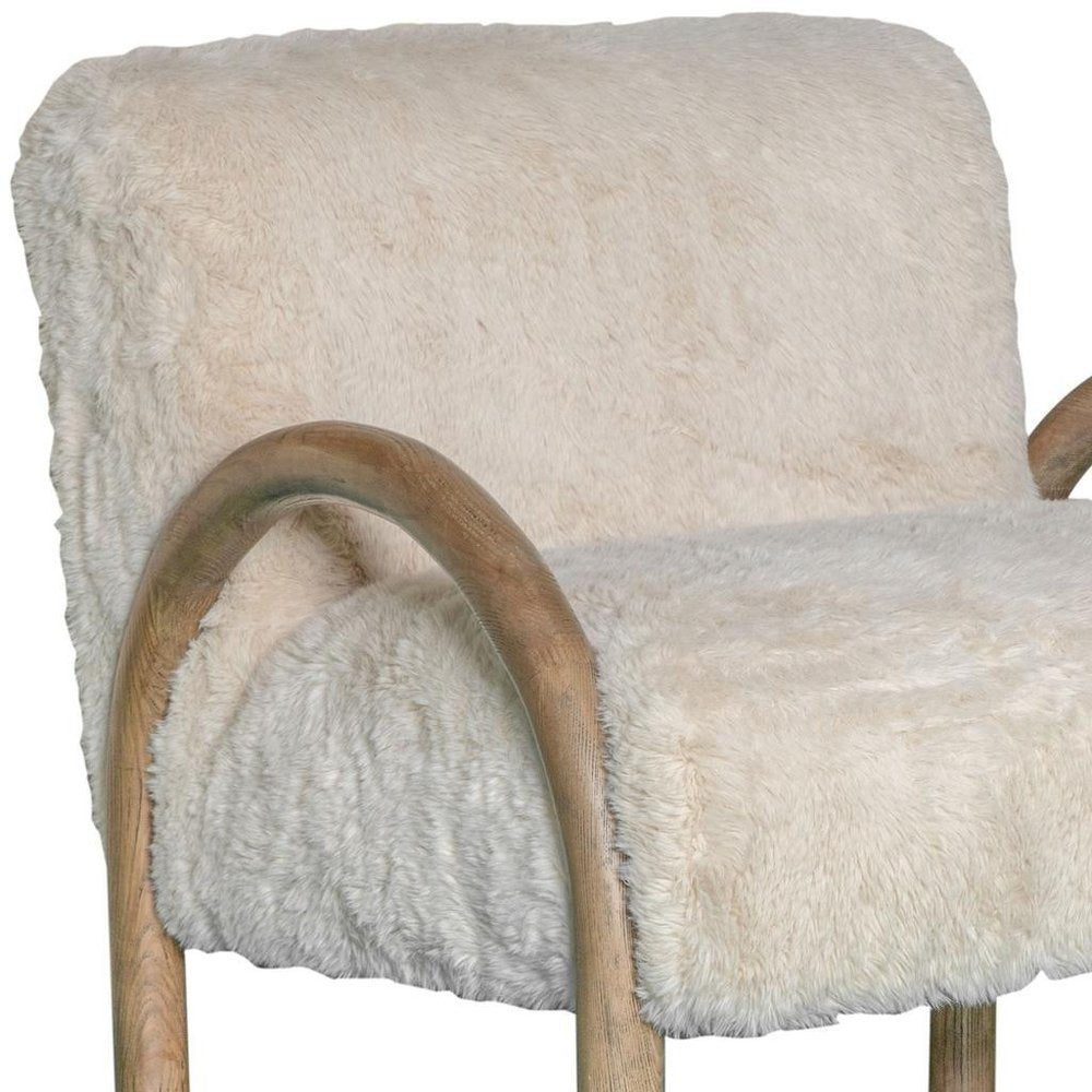 30" Off White and Natural Faux Fur And Wood Arm Chair