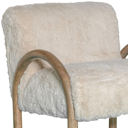 30" Off White and Natural Faux Fur And Wood Arm Chair
