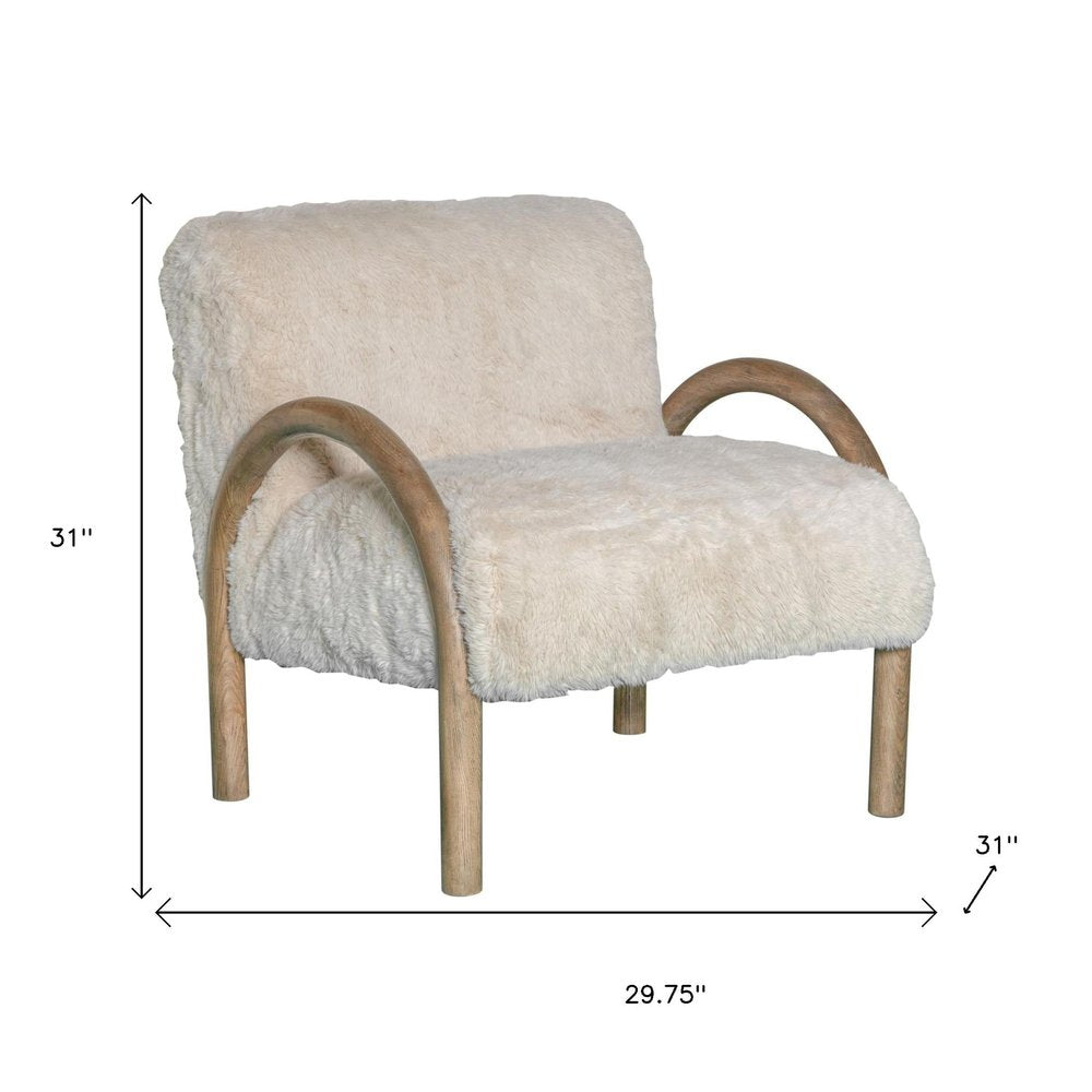30" Off White and Natural Faux Fur And Wood Arm Chair