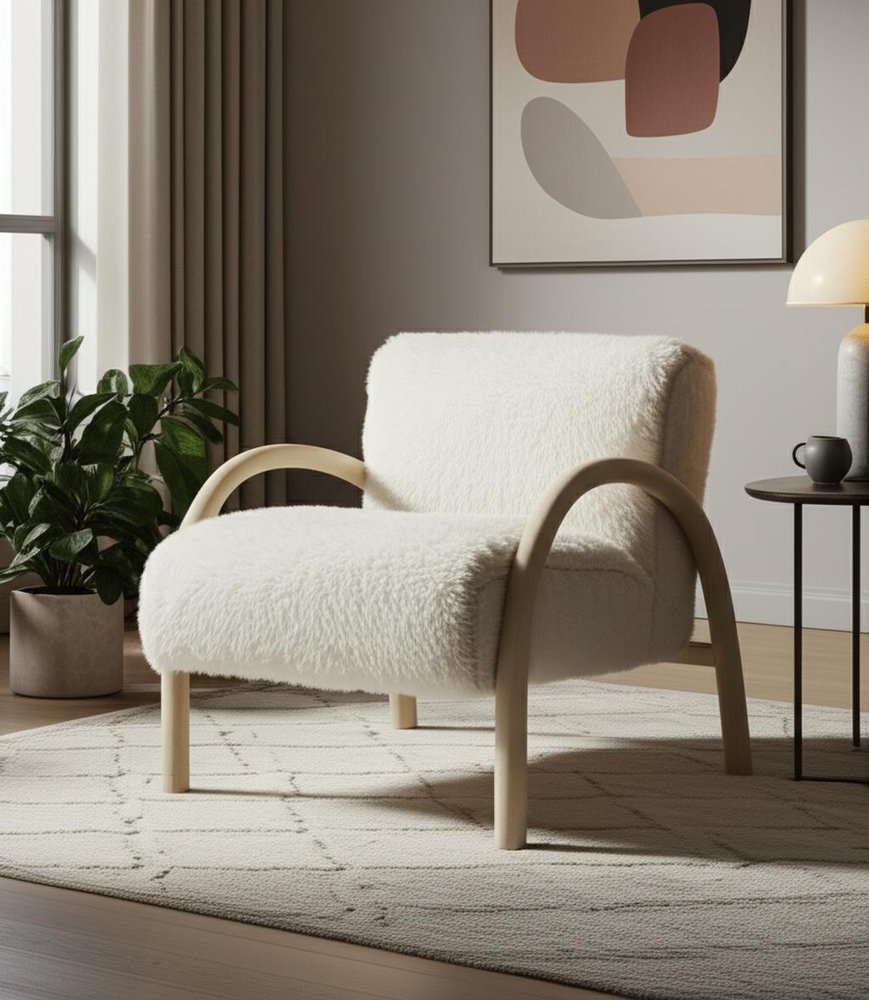 30" Off White and Natural Faux Fur And Wood Arm Chair