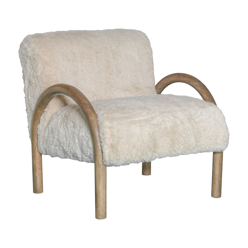 30" Off White and Natural Faux Fur And Wood Arm Chair