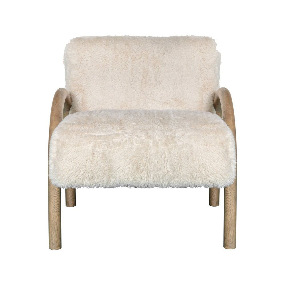 30" Off White and Natural Faux Fur And Wood Arm Chair