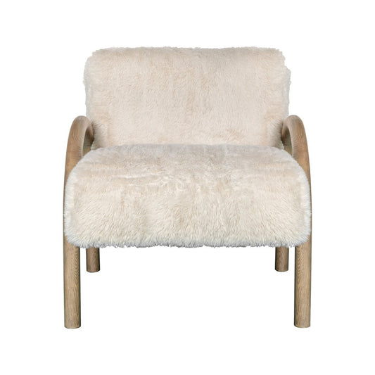 30" Off White and Natural Faux Fur And Wood Arm Chair
