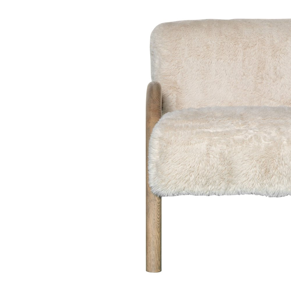 30" Off White and Natural Faux Fur And Wood Arm Chair