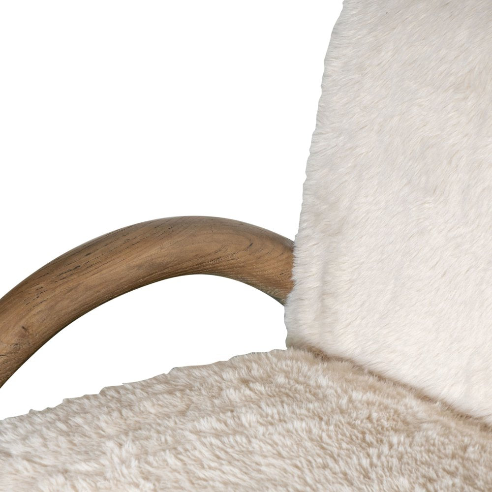 30" Off White and Natural Faux Fur And Wood Arm Chair