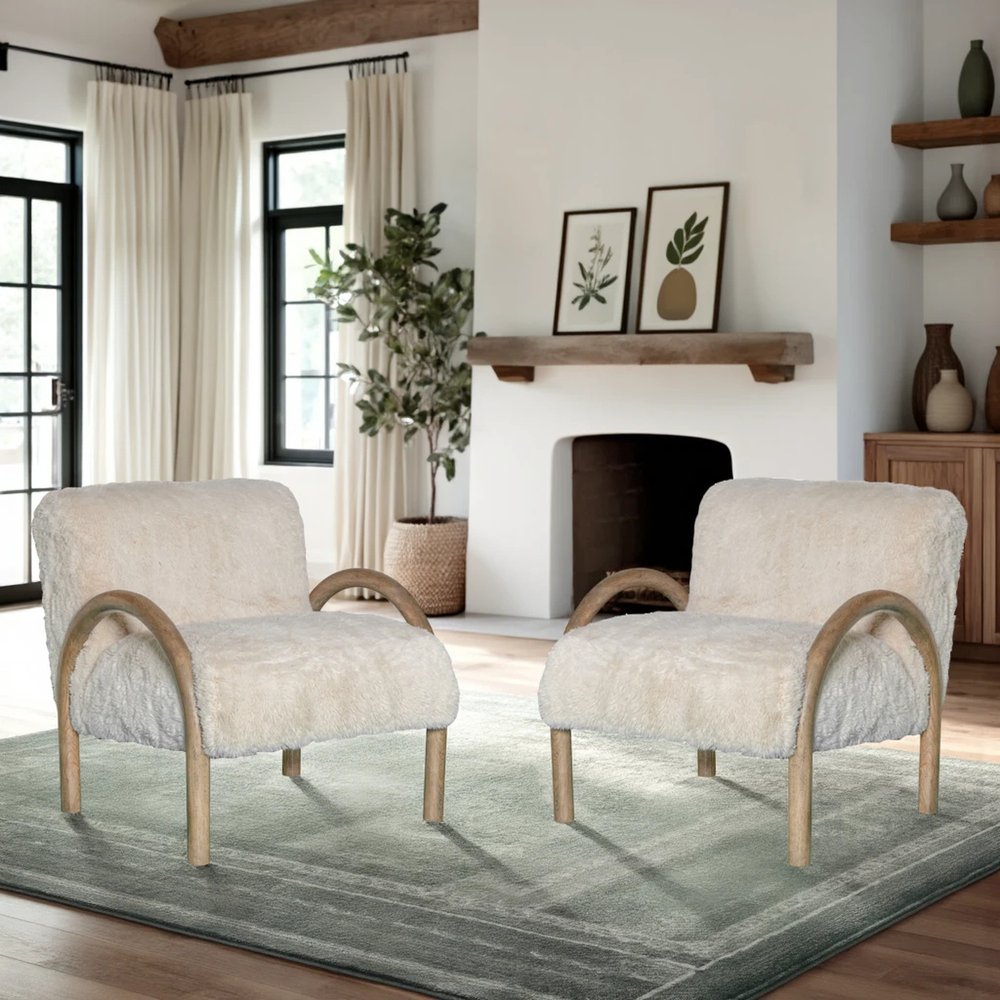 30" Off White and Natural Faux Fur And Wood Arm Chair