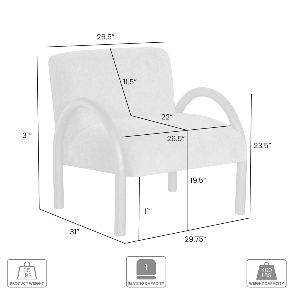 30" Off White and Natural Faux Fur And Wood Arm Chair