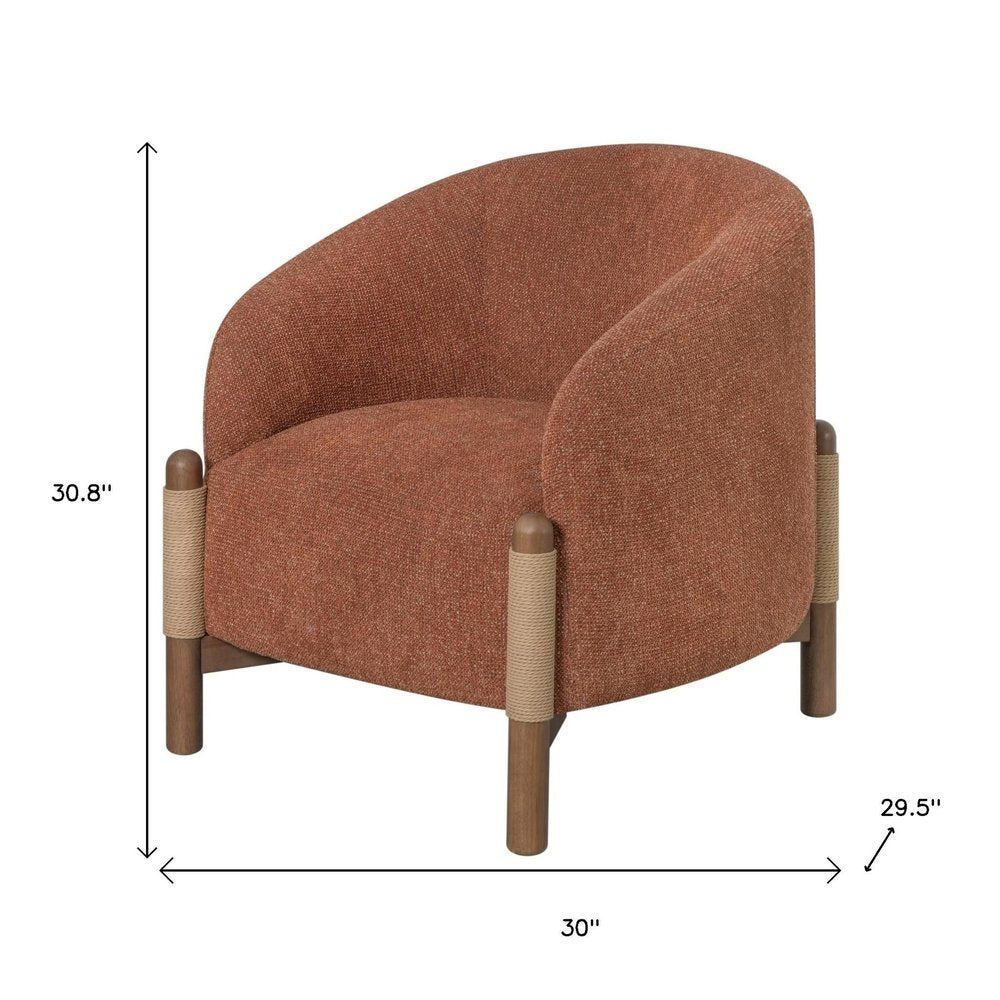 30" Rust and Brown Fabric And Wood Arm Chair