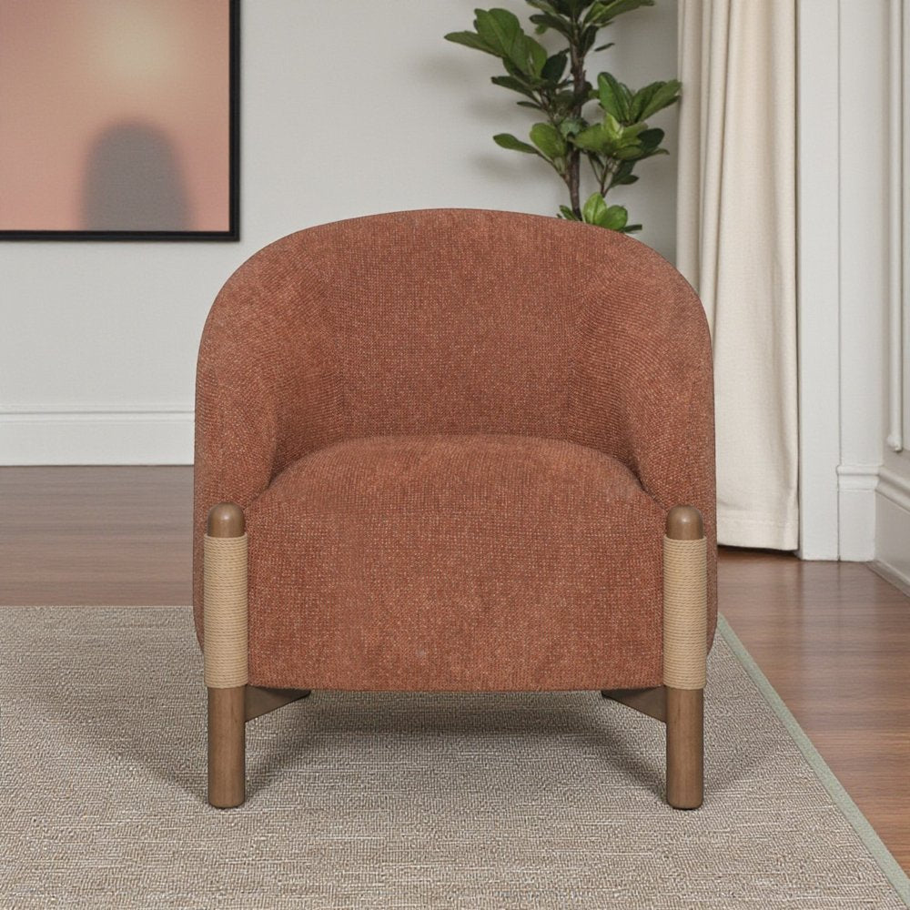30" Rust and Brown Fabric And Wood Arm Chair