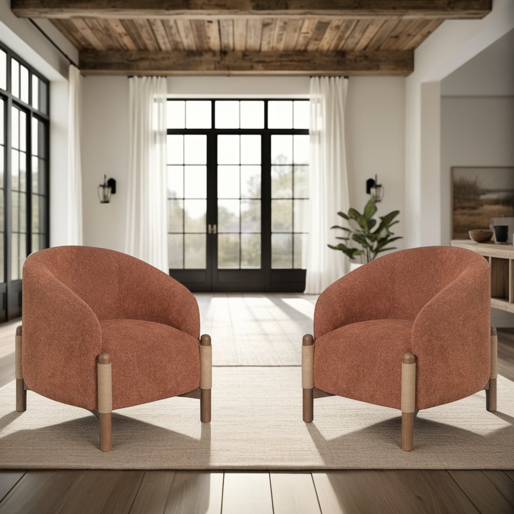 30" Rust and Brown Fabric And Wood Arm Chair